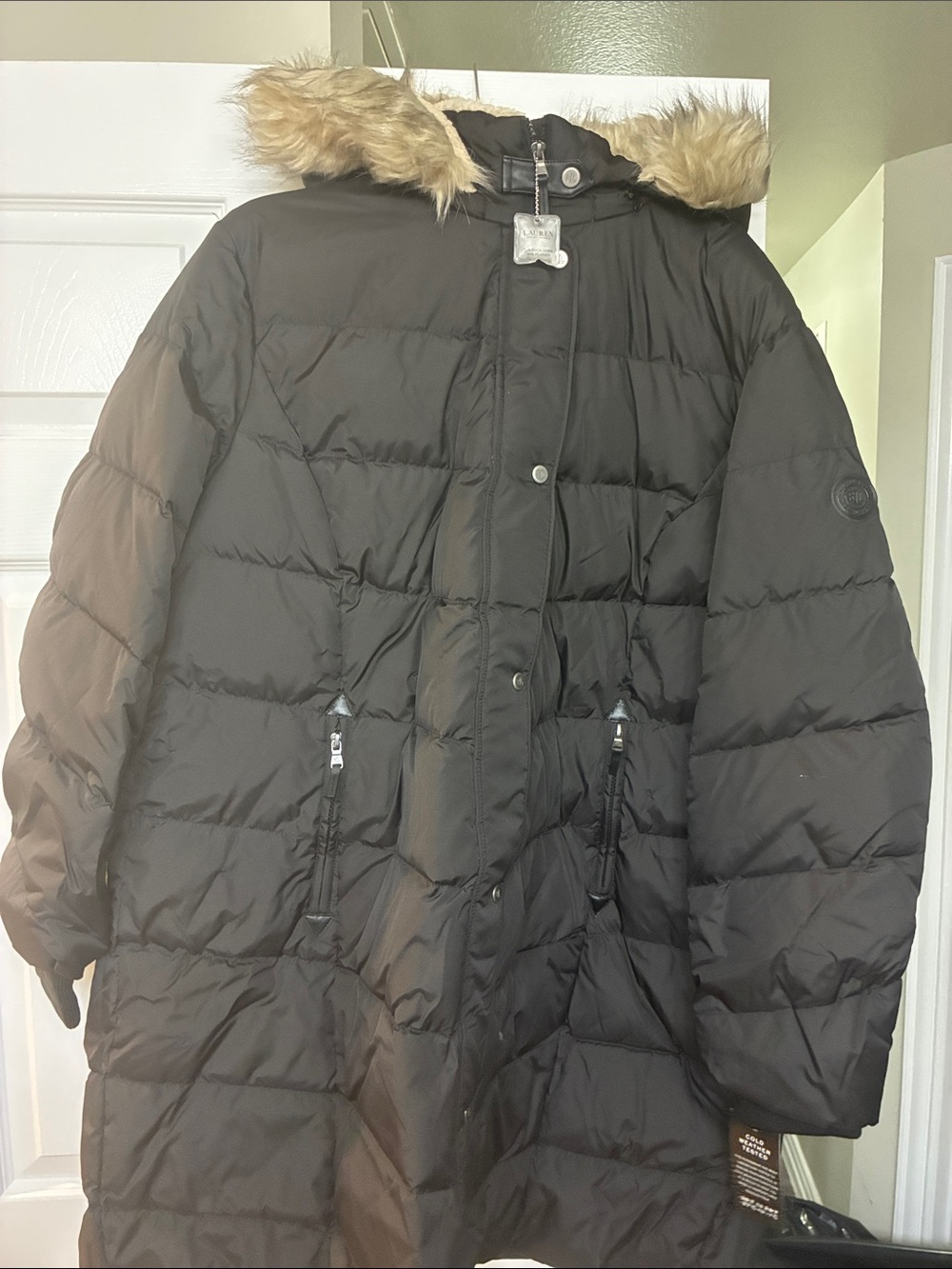 NWT Lauren Ralph Lauren Black Long Puffer Coat with Faux-Fur Hood